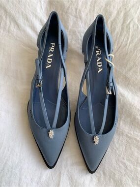 Prada Crystal Satin Crisscross Buckle Pumps Pointy Toe Kitten Heels Light Blue